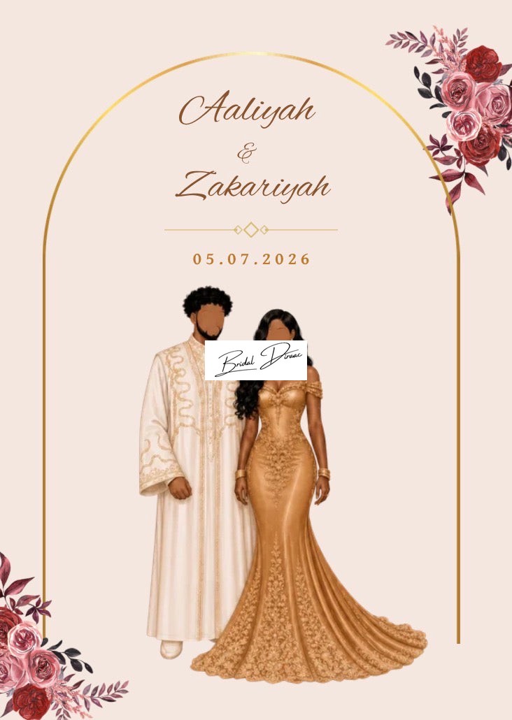 Elegant Somali Wedding Invitation Template – Gold Arch &amp; Floral Couple Illustration