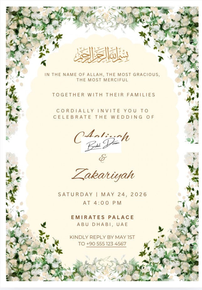 Islamic Floral Wedding Invitation Template – Bismillah Calligraphy &amp; Scalloped Arch (Editable Canva Digital Download)
