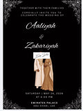 Luxury Black &amp; Gold Somali Wedding Invitation Template – Modern Couple Illustration (Editable Canva Digital Download)